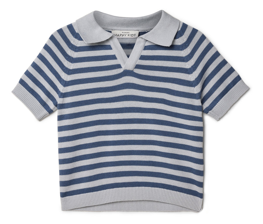 Polo tričko s krátkým rukávem v modrošedé barvě leží na bílém pozadí.