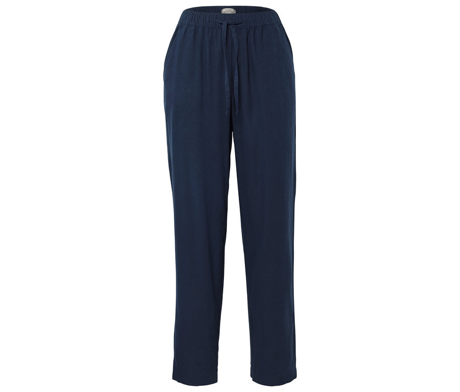 Na bílém pozadí jsou zobrazeny tmavě modré kalhoty se stahovací šňůrkou.