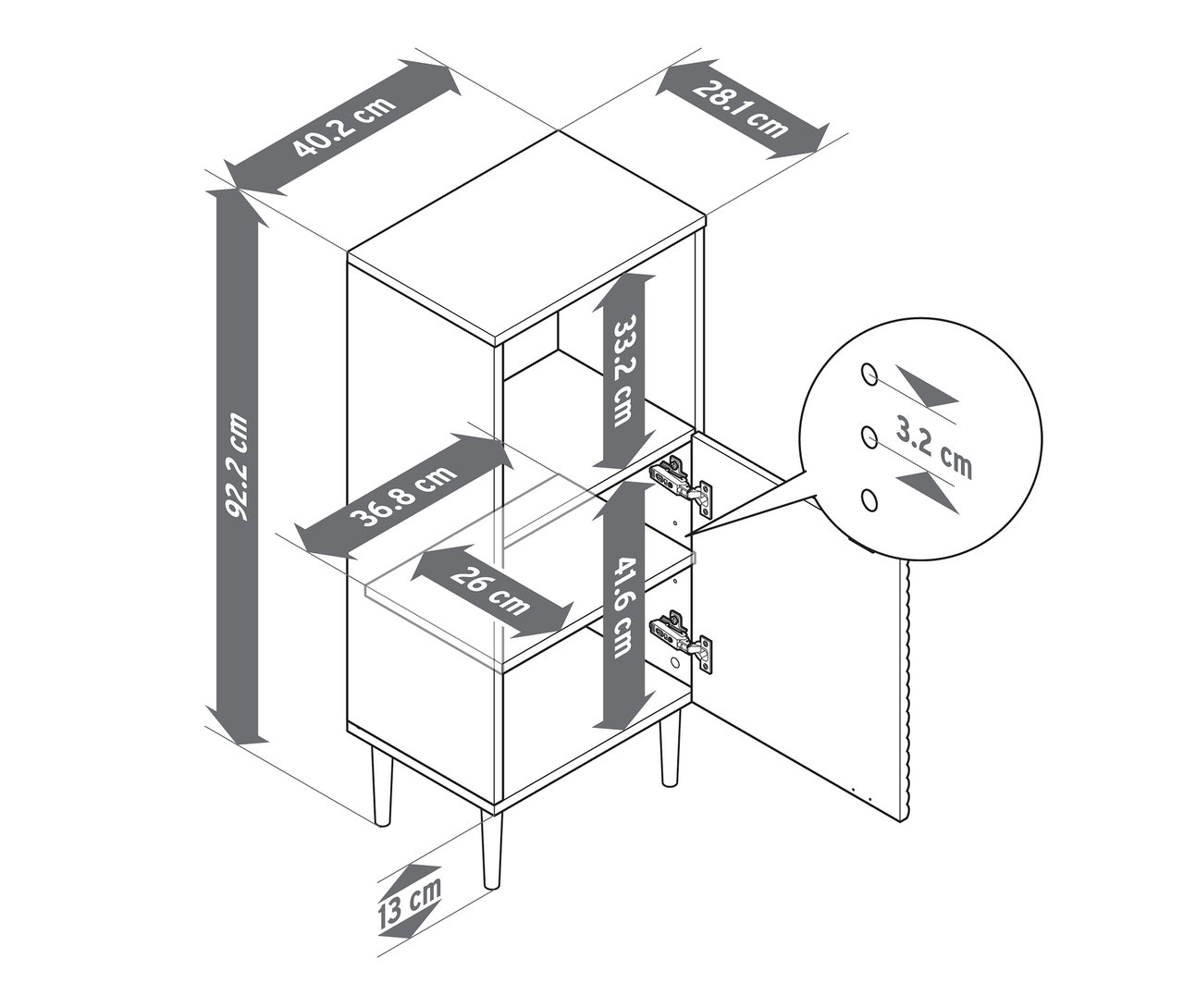 Obrázek znázorňuje schematický nákres koupelnové skříňky »SONARI« s dvířky, včetně různých rozměrů.