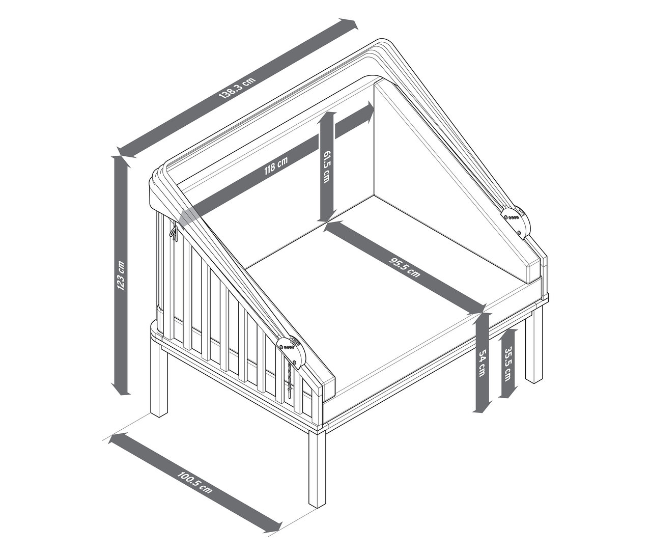 Detailní schematický nákres plážového koše prémiové kvality se stříškou proti slunci, s rozměry.