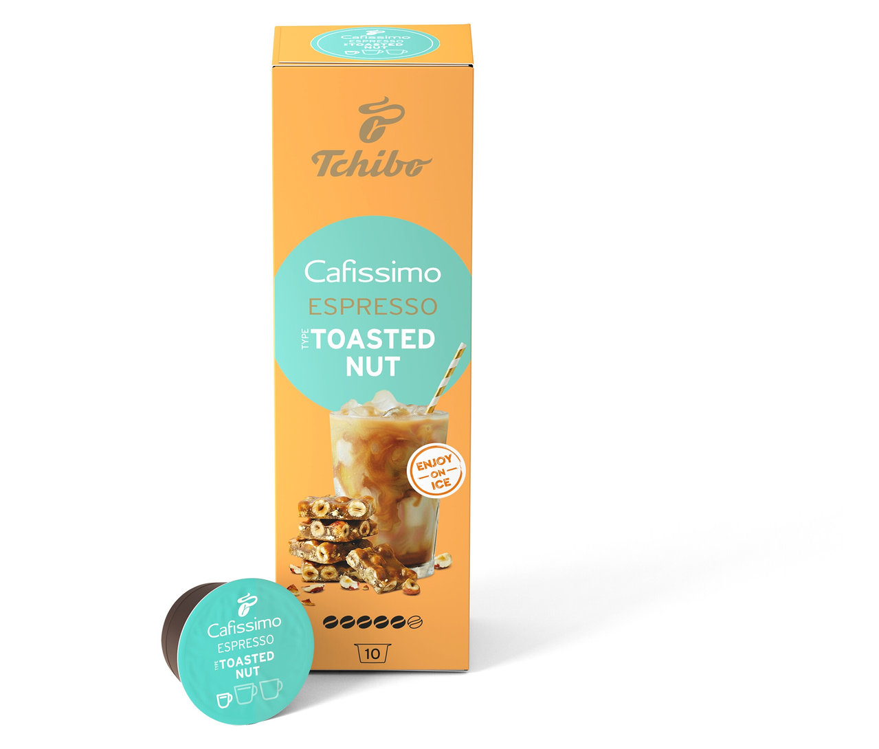 Balení Cafissimo Flavoured Espresso Toasted Nut a kapsle leží na bílém pozadí.