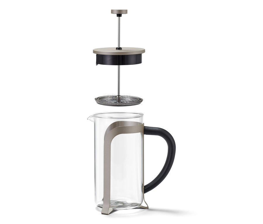 Částečně rozebraná konvička french press 800 ml, 6 šálků, šampaň barvy.