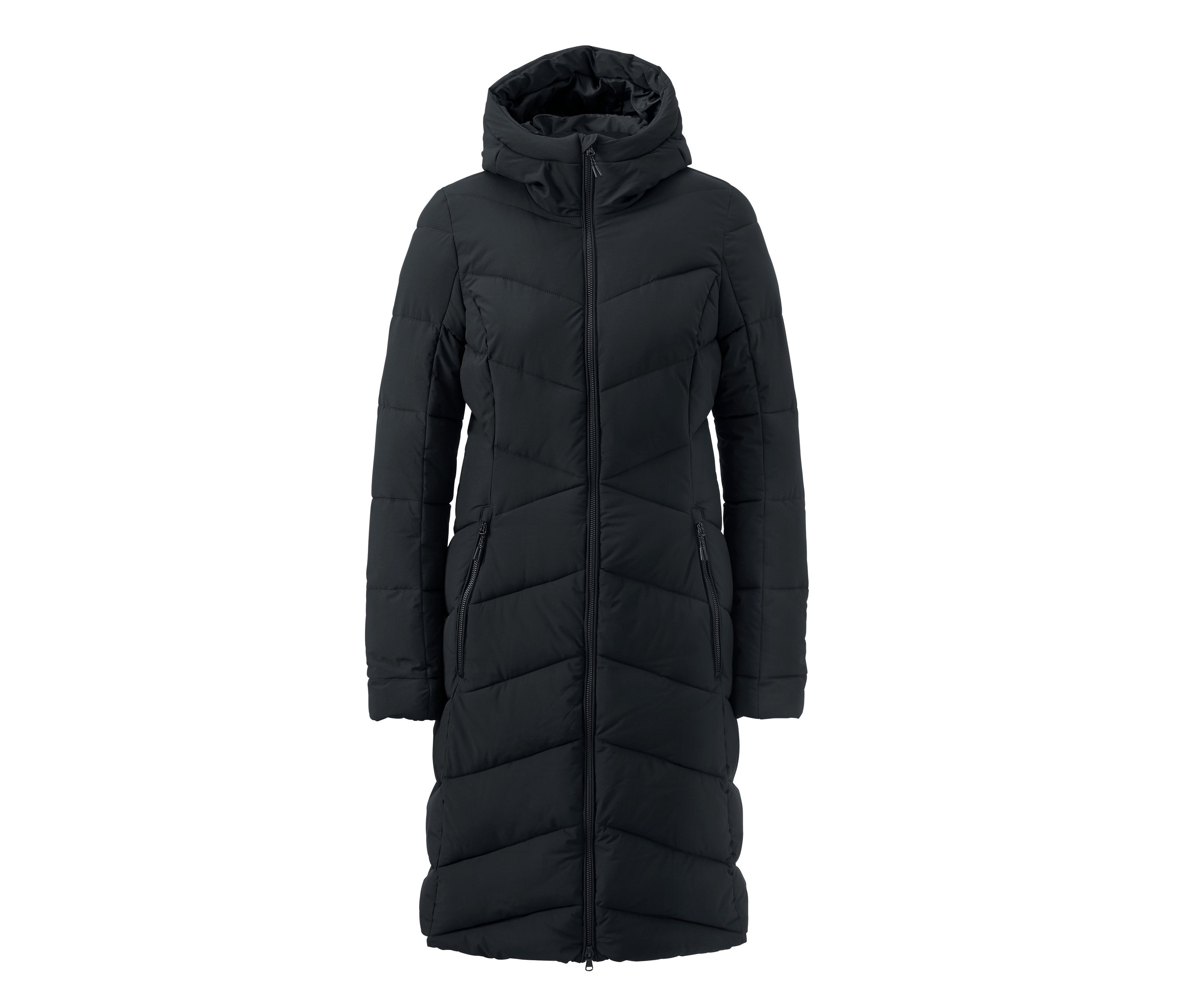 Černý prošívaný kabát s kapucí.