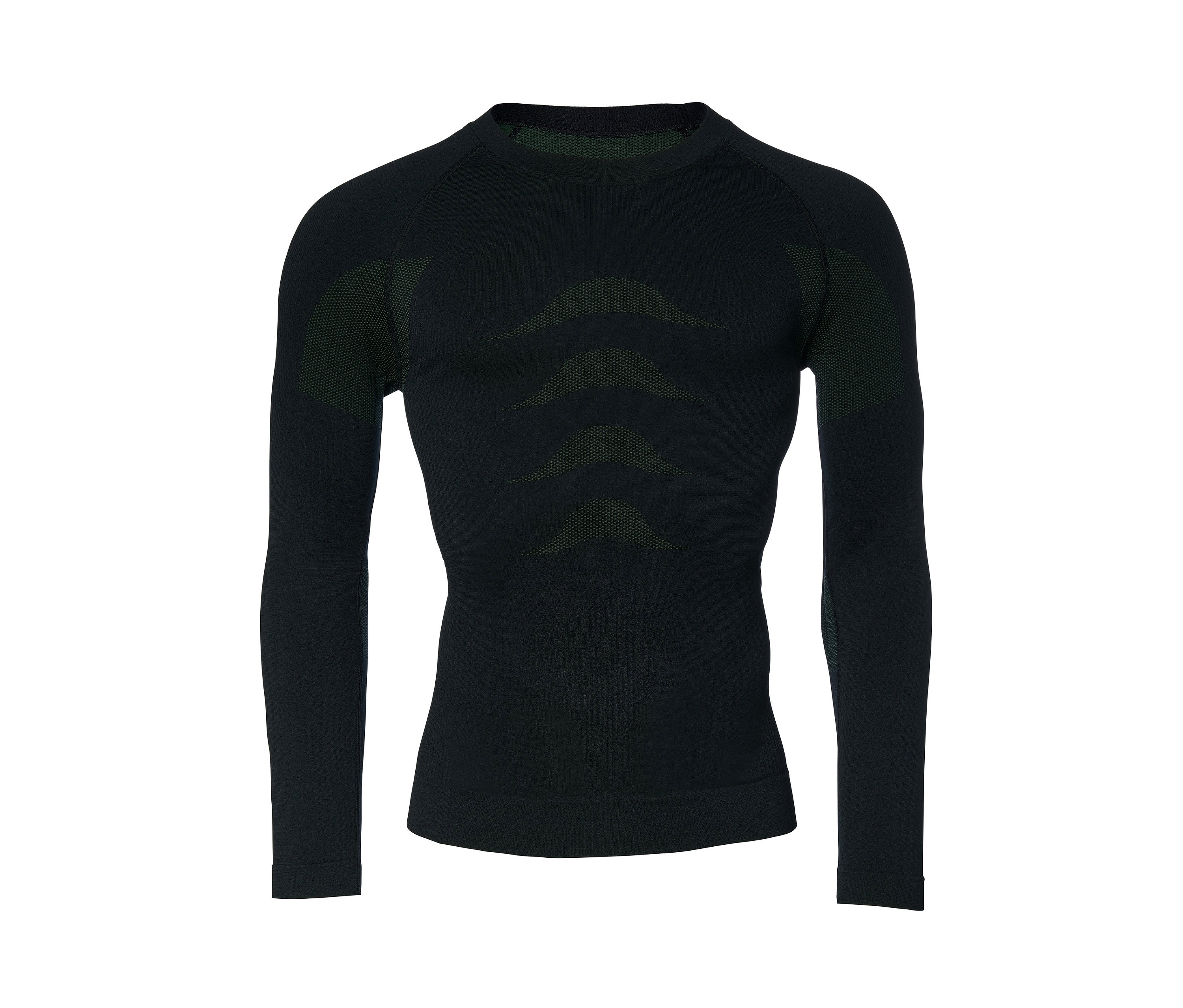 Černé bezešvé funkční prádlo s dlouhým rukávem.