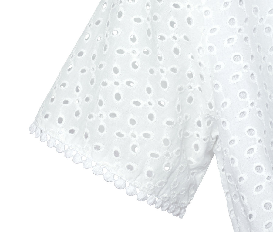 Detail bílých šatů s ažurovou výšivkou.