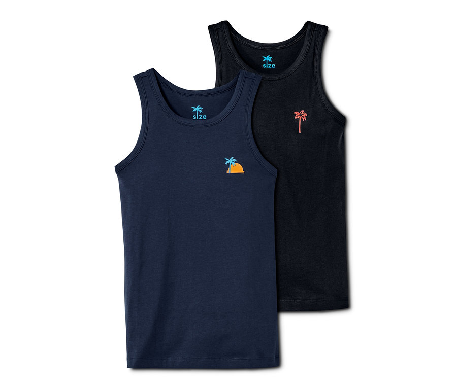 Dvě tílka: tmavě modré s motivem palmy a oranžového slunce a černé s motivem růžové palmy.