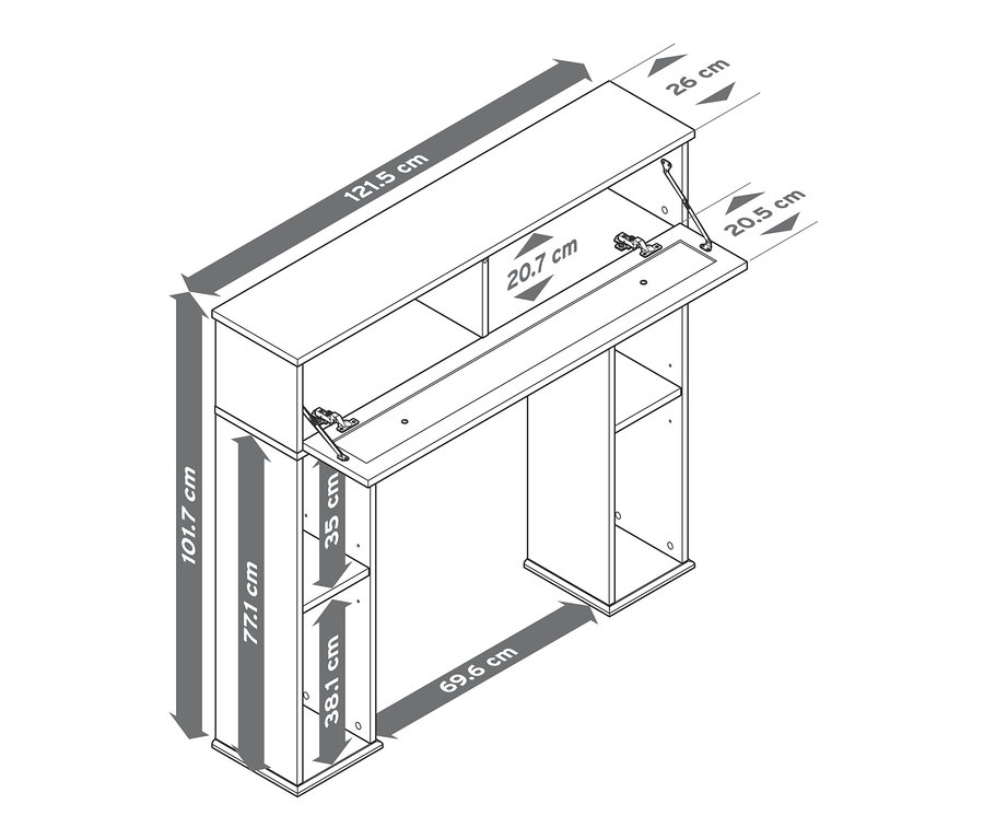Nákres krbové římsy s otevřeným a zavřeným úložným prostorem a rozměry.