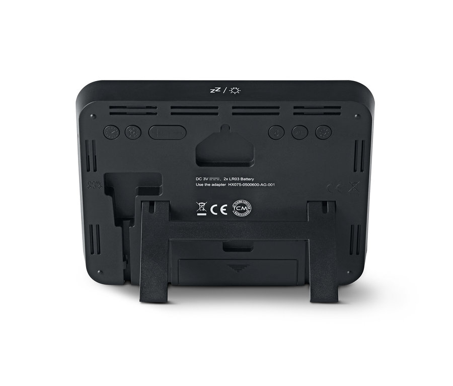 Zadní strana meteostanice s barevným LC displejem, řízené rádiovým signálem.