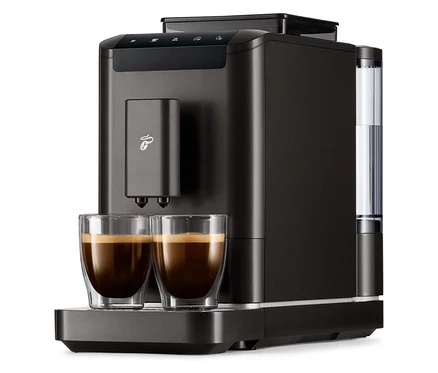 Černý kávovar »Esperto2 Caffè« a dva šálky s kávou.