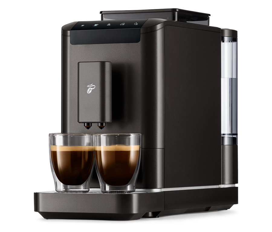 Černý kávovar »Esperto2 Caffè« a dva šálky s kávou.