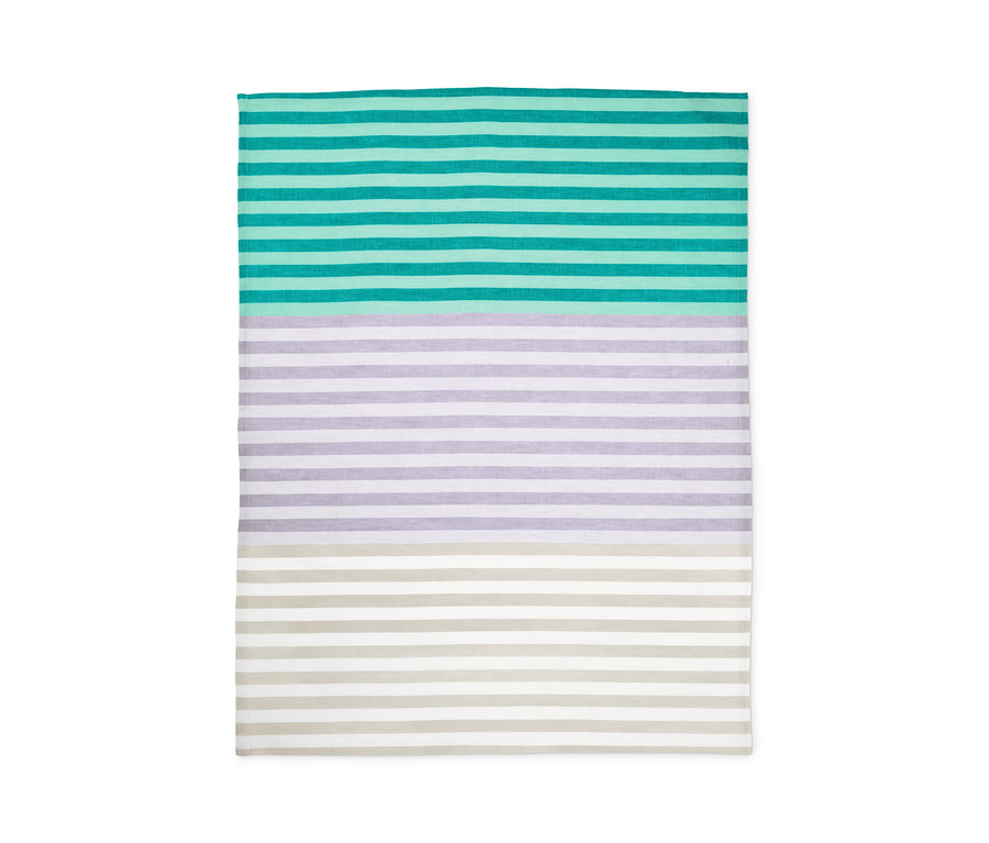 Položené 3 utěrky na nádobí s vodorovnými pruhy v tyrkysové, fialové a béžové barvě.
