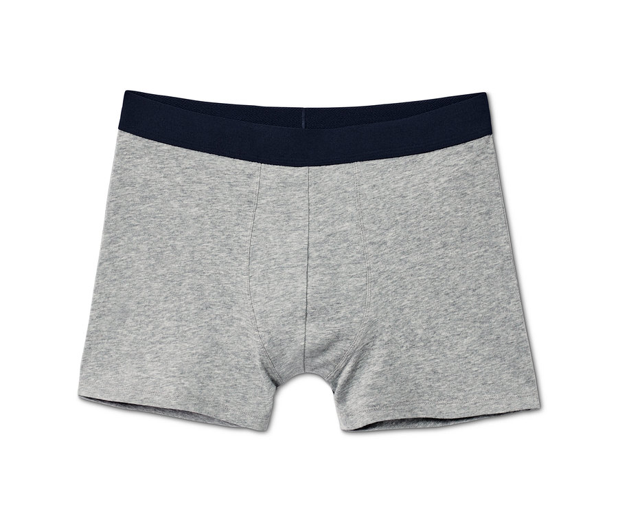 Šedé boxerky, 5 ks, s tmavě modrým pasem.