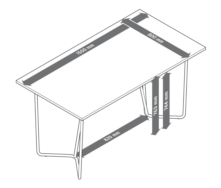 Náčrt designového stolu v kamenném vzhledu s kovovou konstrukcí a rozměry.