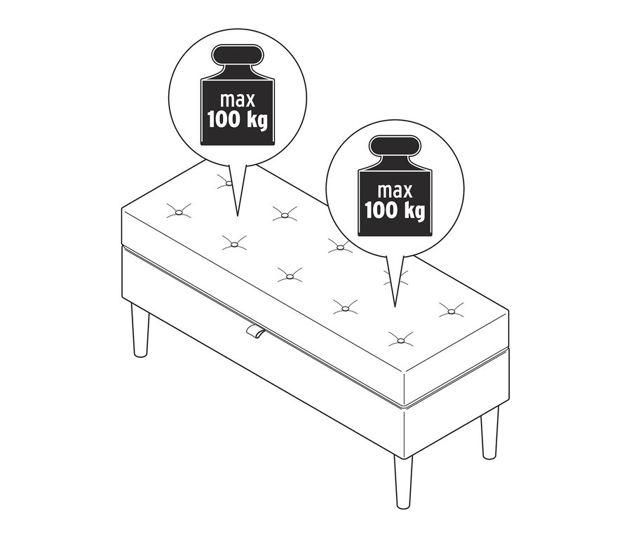 Ilustrace polstrované lavice s úložným prostorem a maximální nosností 100 kg.