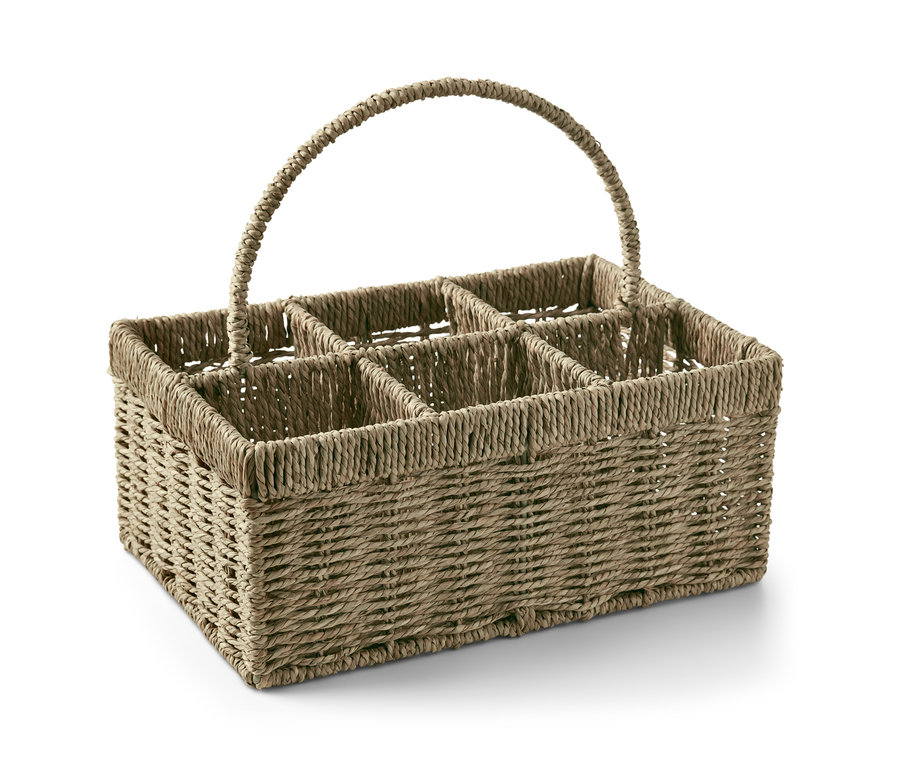 Proutěný košík na láhve se šesti přihrádkami a držadlem.