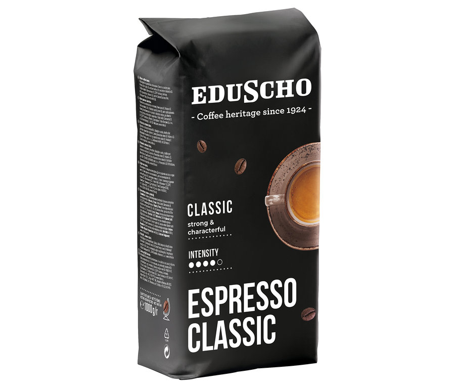 Černé balení zrnkové kávy EDU Espresso Classic 1 kg.