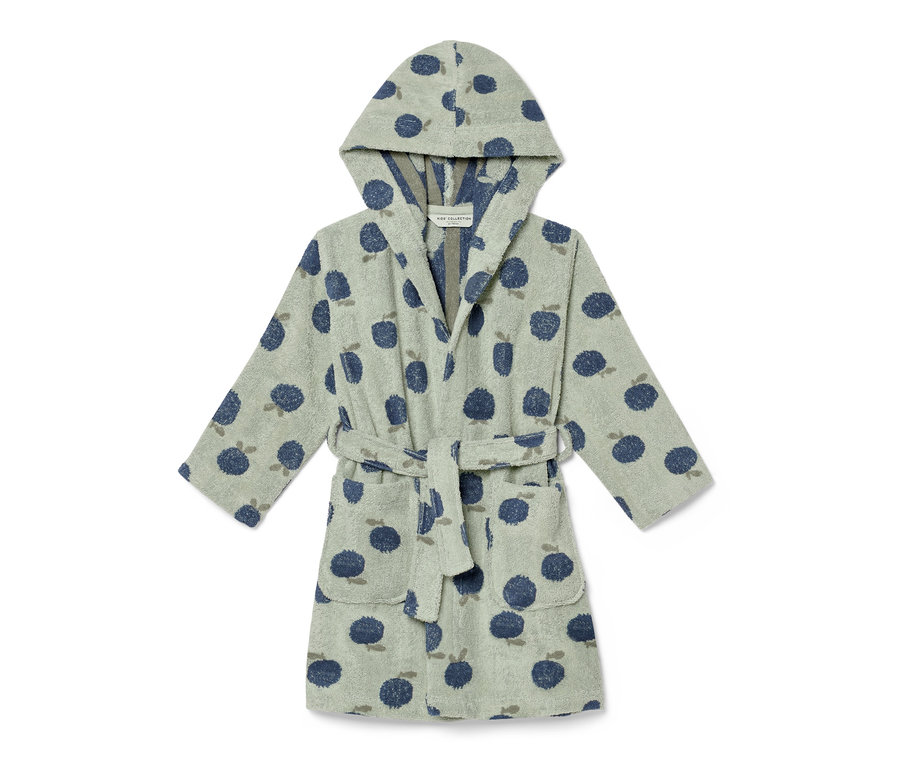 Dětský župan s kapucí a vzorem borůvek.