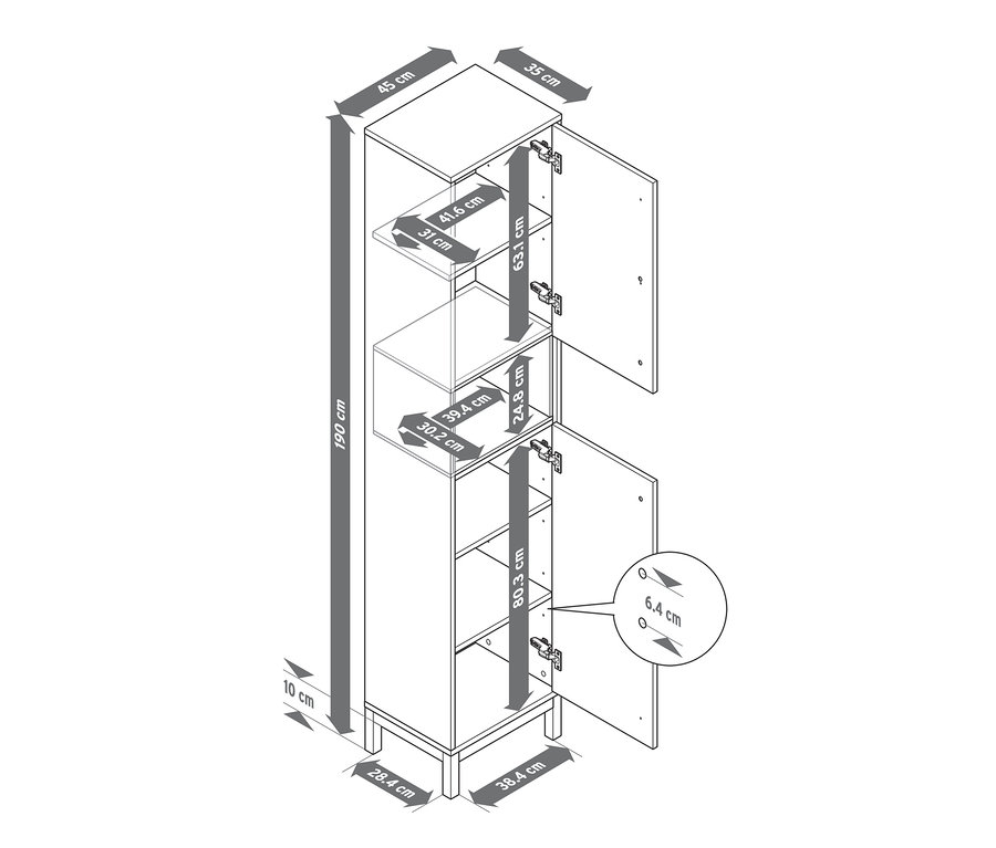 Nákres bílé koupelnové skříňky Eklund s otevřenými dvířky a rozměry.