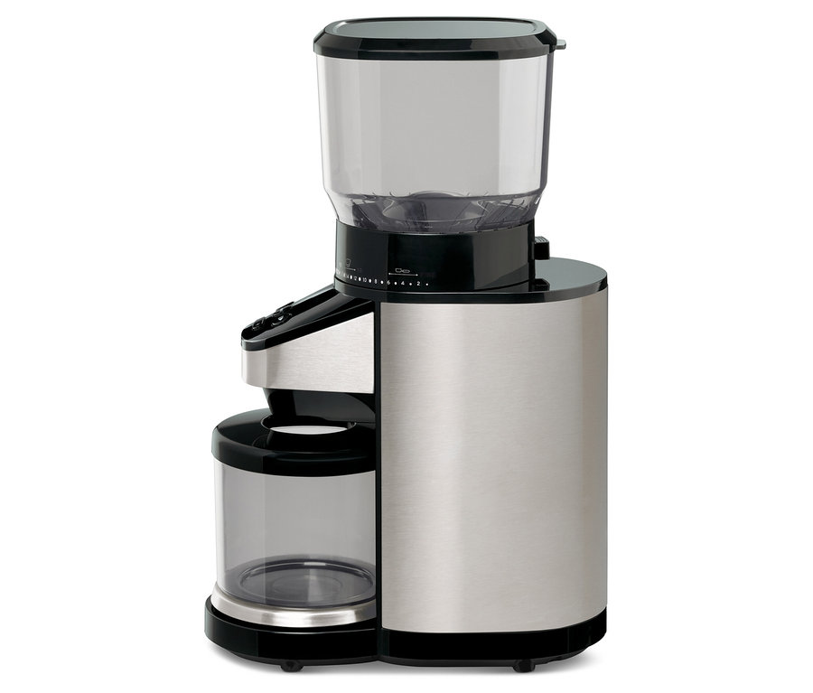 Elektrický mlýnek na kávu s váhou z nerezové oceli.