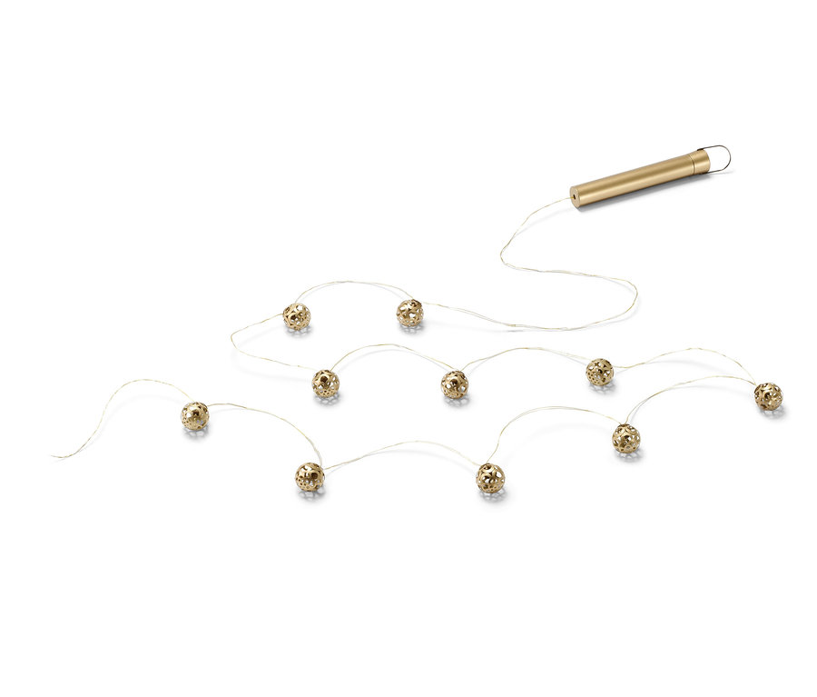 Zlatý světelný řetěz s LED s deseti ozdobnými koulemi.