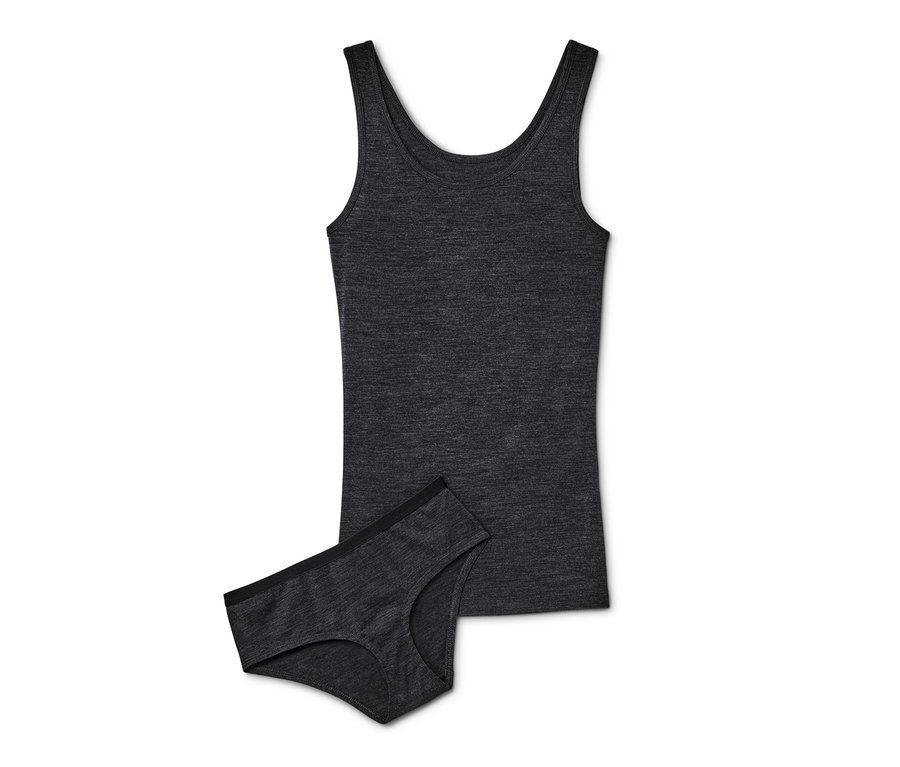 Tmavě šedé vlněné spodní prádlo s certifikací RWS, tílko a kalhotky, leží na bílém pozadí.