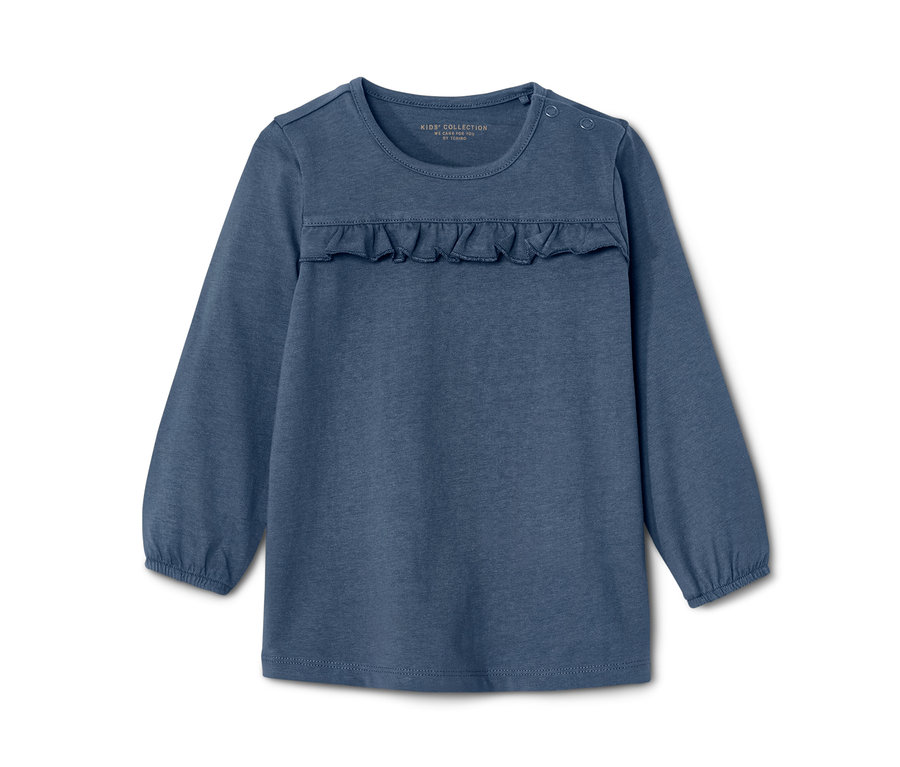 Modré dětské triko s dlouhým rukávem a volánkem.