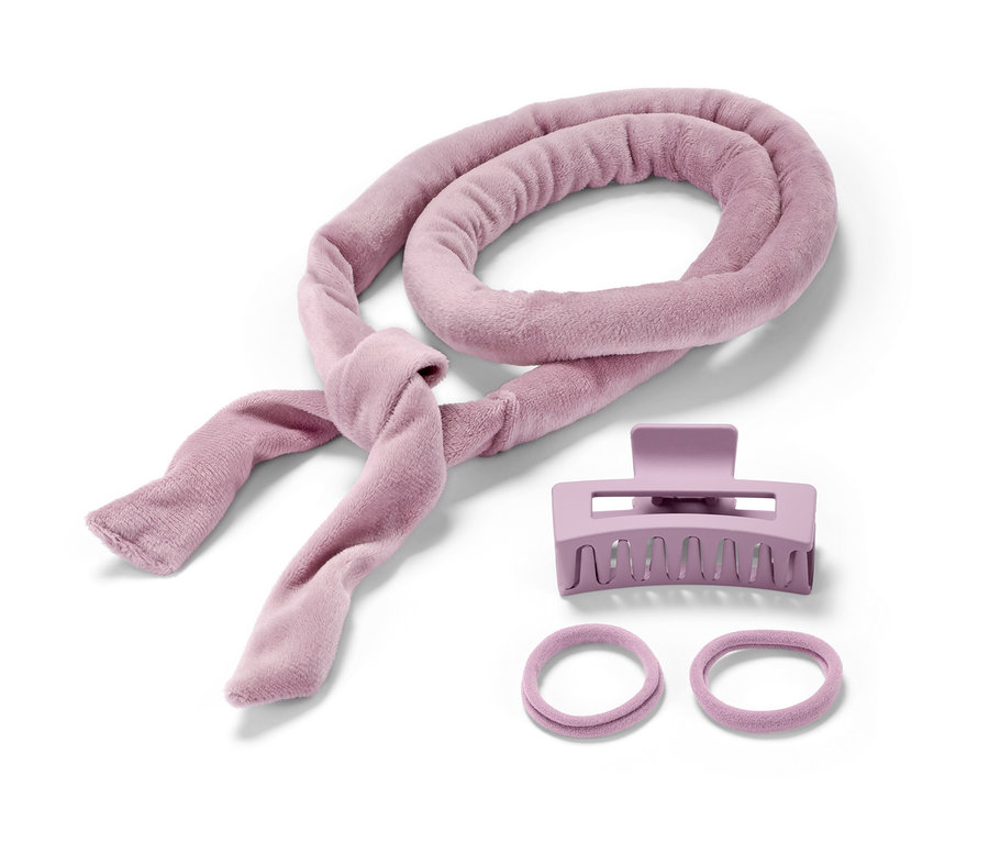 Sada pro natáčení vlasů bez použití tepla, fialová vlasová spona a dvě gumičky do vlasů.