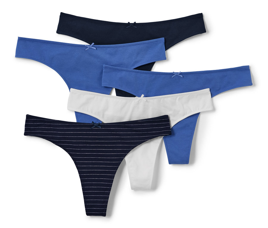 Pětice tanga v barvách tmavě modrá, modrá, světle modrá, bílá a proužkovaná.