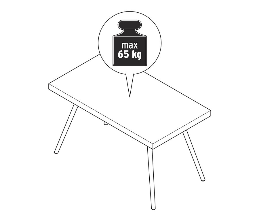 Nákres konferenčního stolku s polycementovou deskou a maximální nosností 65 kg.
