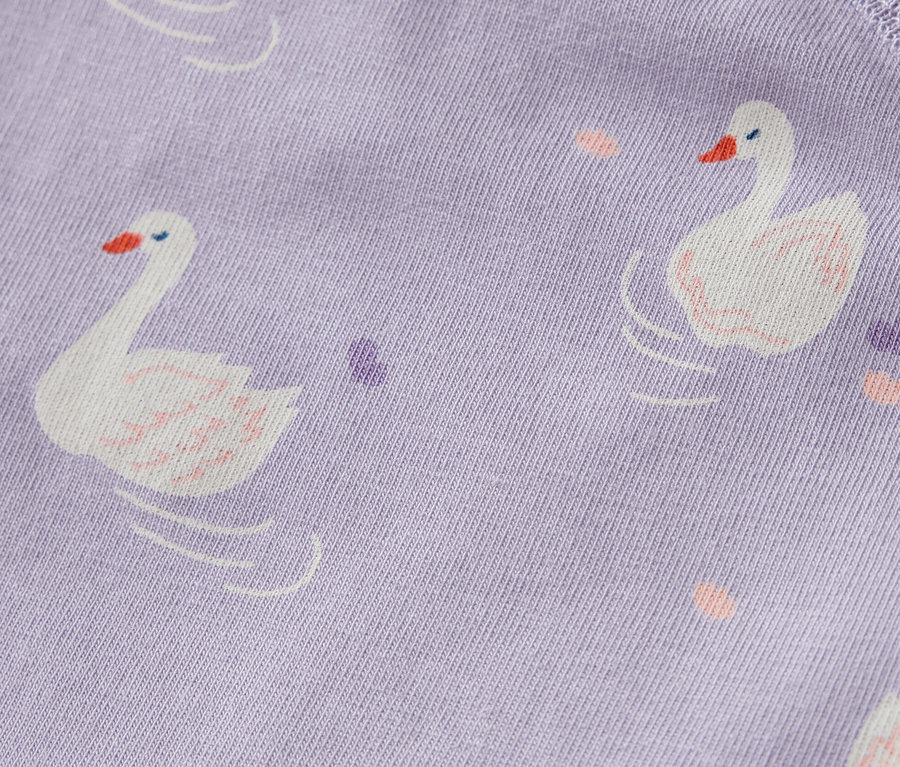 Detail fialového body s potiskem labutí, Rostoucí body pro miminka, 5 ks, princezna.