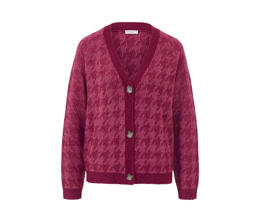 Vínový svetr z hrubého úpletu s žakárovým vzorem kohoutí stopy.