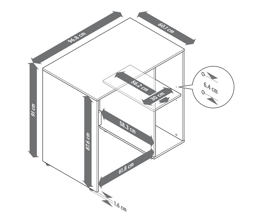 Schéma rozměrů pro regál na pračku s bočním úložným prostorem.