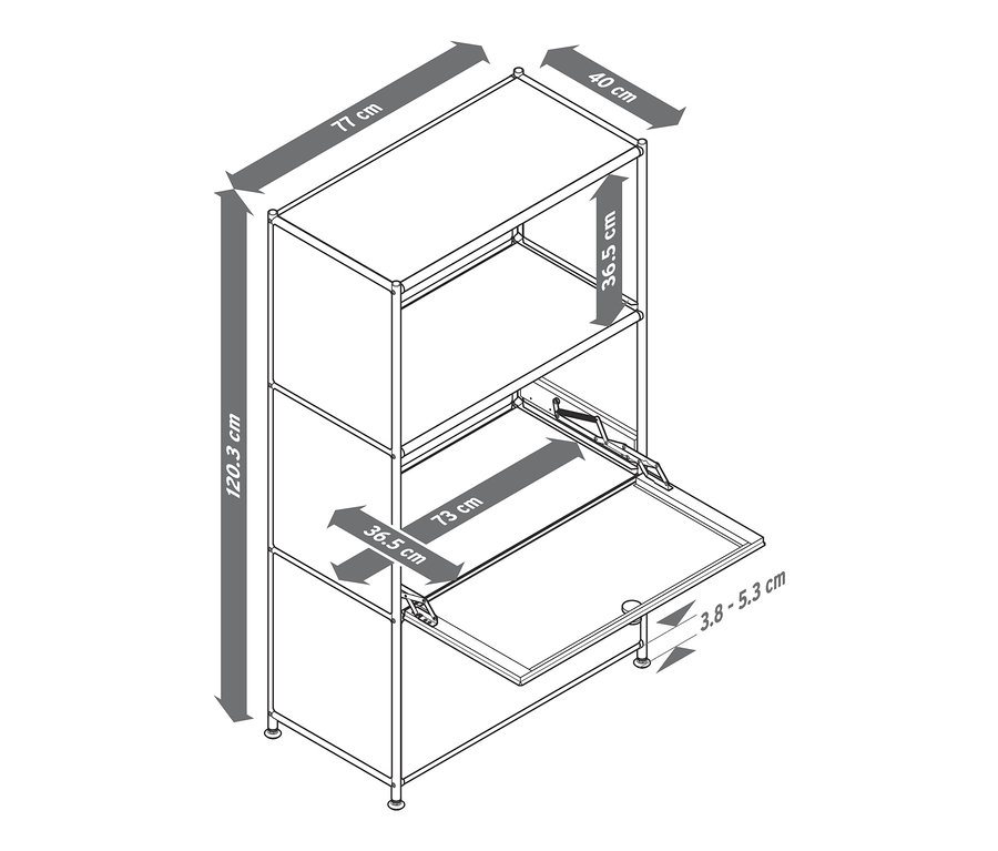 Nákres kovové komody »CN3« se dvěma výklopnými dvířky a rozměry.