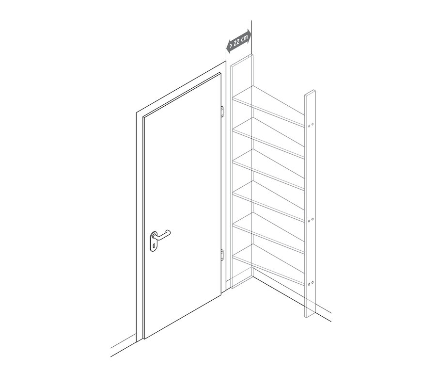 Nákres regálu za dveře s šesti policemi vedle zavřených dveří.