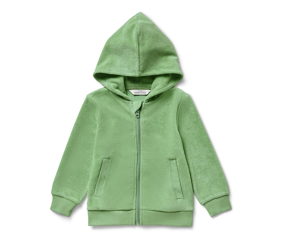 Zelená dětská froté bunda se zipem a kapucí.