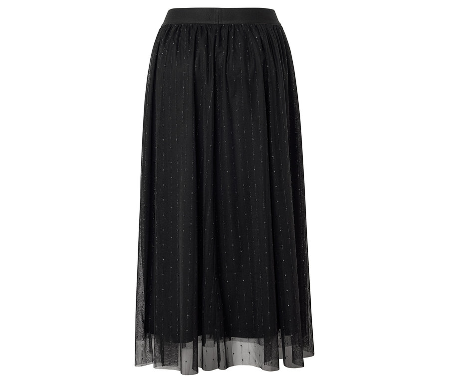 Černá dlouhá sukně s elastickým pasem a jemným tečkovaným vzorem.