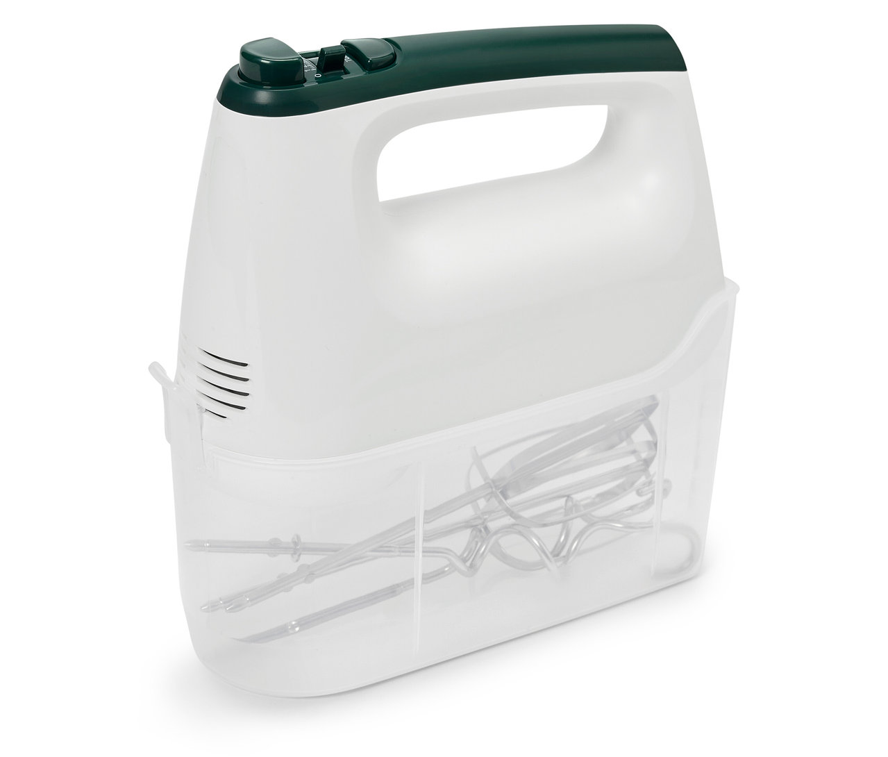 Bílý ruční mixér s tmavě zelenou rukojetí a průhledným úložným prostorem na metly.
