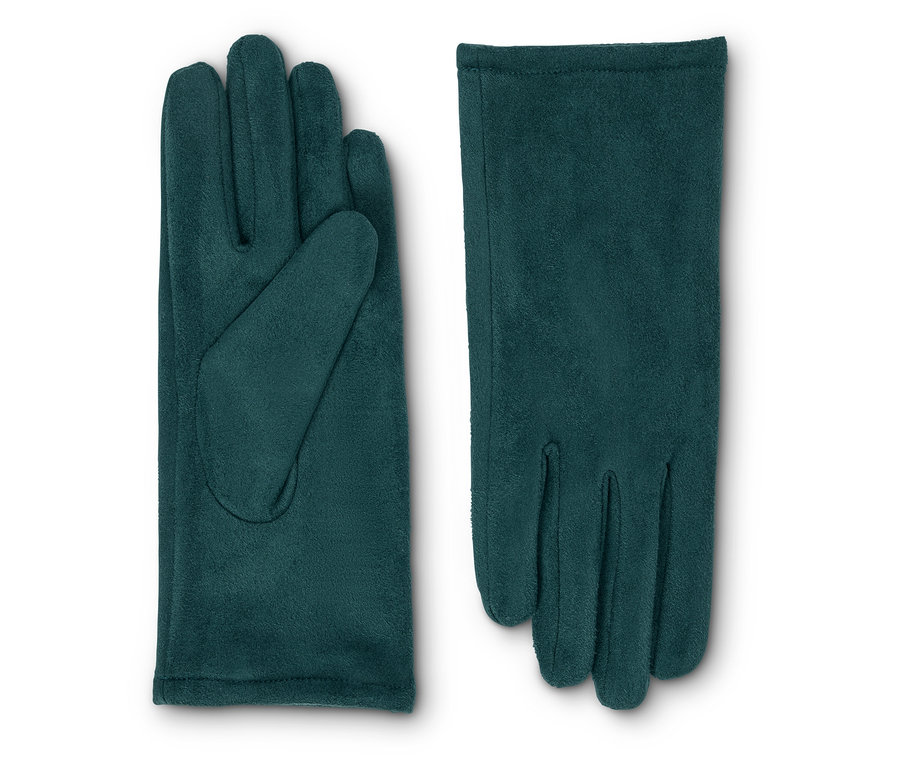 Dvojice petrolkově modrých rukavic z imitace velurové kůže leží vedle sebe.