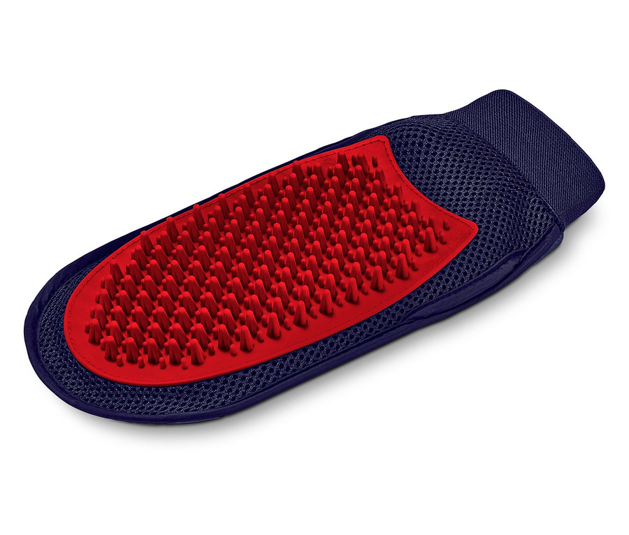 Kartáč na mazlíčky modré barvy s červenými štětinami.