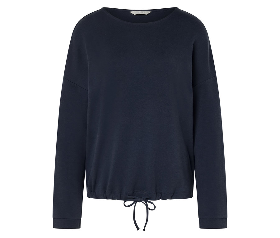 Tmavě modrá mikina s dlouhými rukávy a stahovací šňůrkou v lemu.