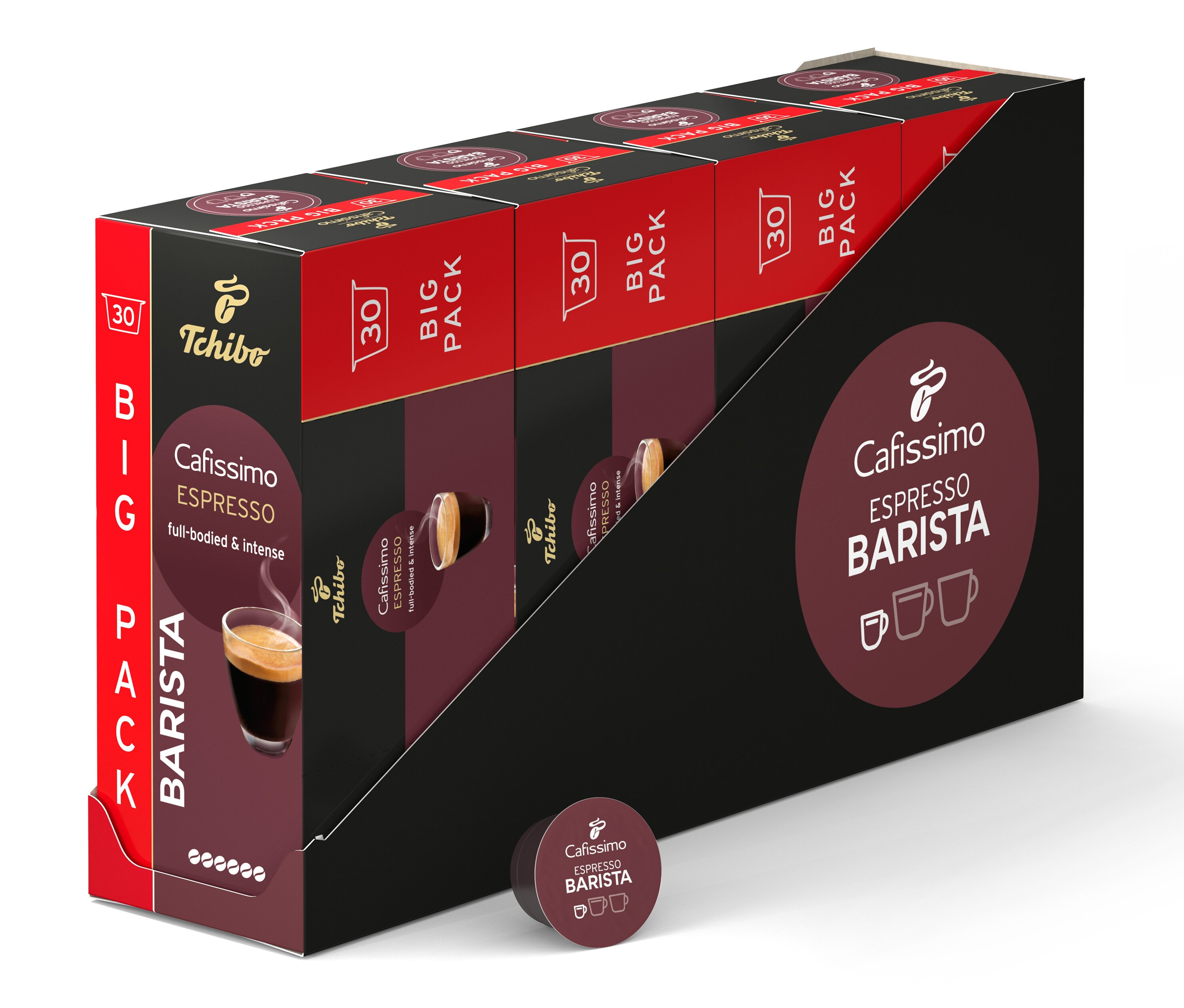 Balení kapslí Cafissimo Espresso Barista v černém držáku, s jednou kapslí vpředu.