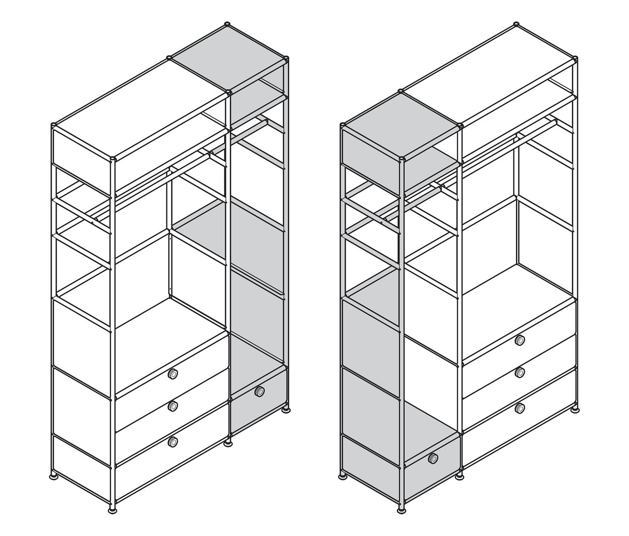 Dvě kovové šatní skříně »CN3« se 2 šatními tyčemi a 4 zásuvkami zobrazené v liniové grafice.