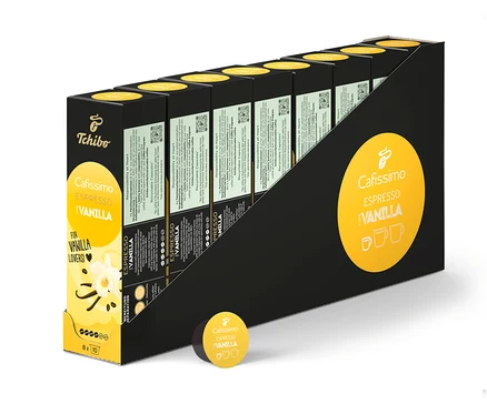 Několik balení Cafissimo Flavoured Espresso – Vanilla – 80 kapslí v černém držáku.