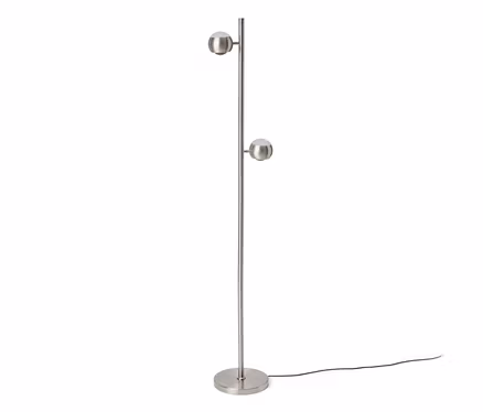Podlahová lampa z broušeného kovu s kulatou základnou a dvěma kulovými světly.