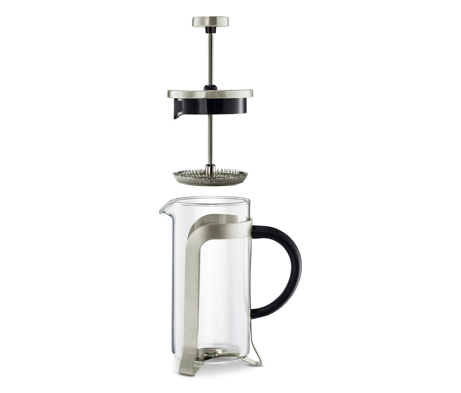 Rozložená konvička french press 300 ml, 2 šálky, stříbrná.