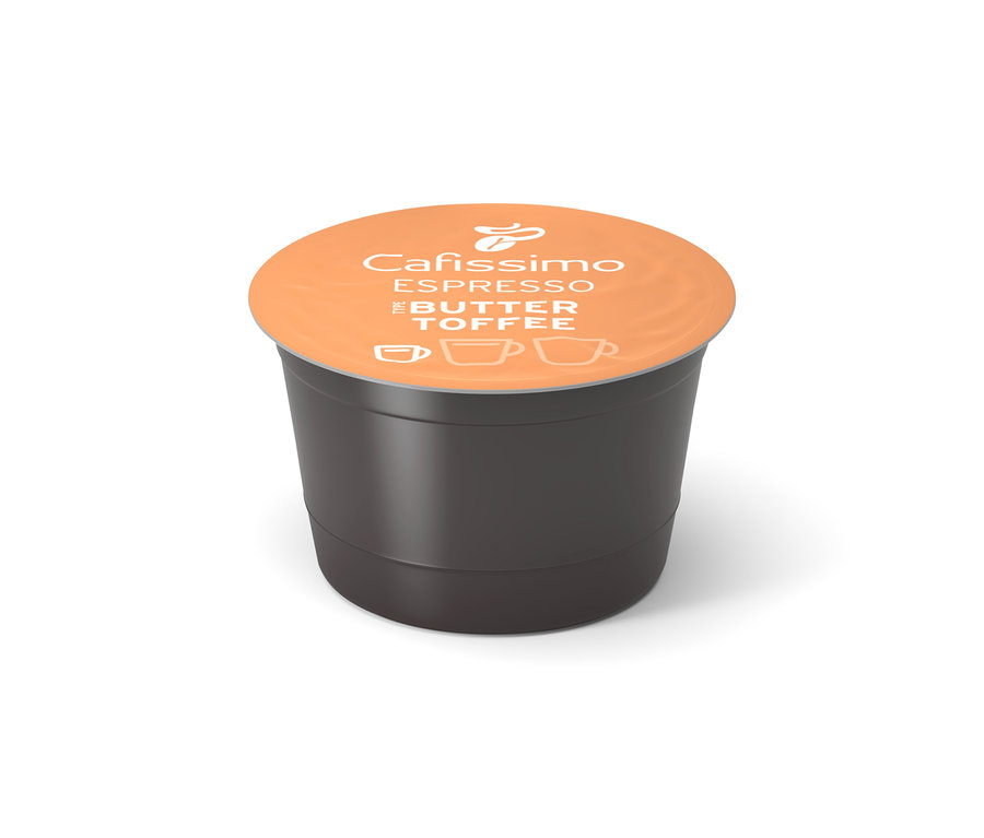 Jedna kapsle Cafissimo Flavoured Espresso - Buttertoffee na bílém pozadí.
