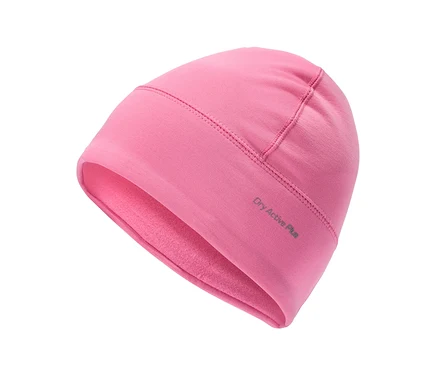 Růžová čepice beanie s nápisem „Dry Active Plus“, zevnitř podšitá fleecem.