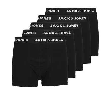 Pět černých boxerek Jack & Jones, naskládaných, s bílým logem na pase, 5 ks.