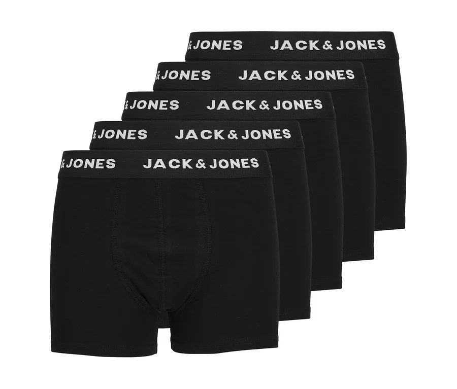 Pět černých boxerek Jack & Jones, naskládaných, s bílým logem na pase, 5 ks.