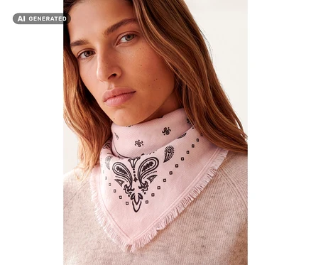 Žena má na sobě světle růžový pletený šátek bandana s vlnou a kašmírem, s černým paisley vzorem a třásněmi, přes světle růžový svetr.